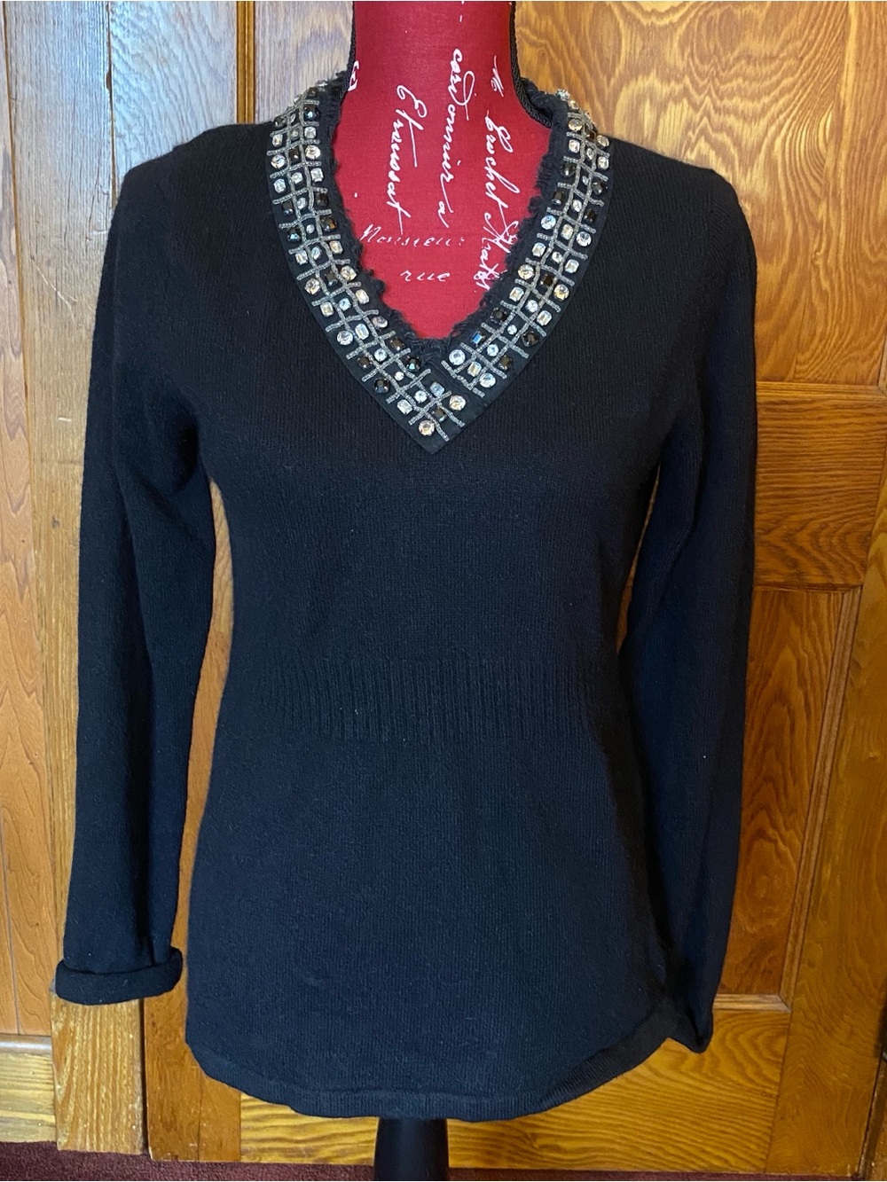 Pamela Dennis Black V-Neck Sweater with Jeweled Trim